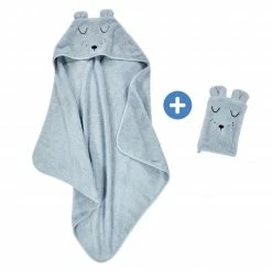 Budget ⭐ Alvi Bade-Set Organic Cotton - Kapuzenbadetuch + Waschhandschuh - Faces - Blau 🔥