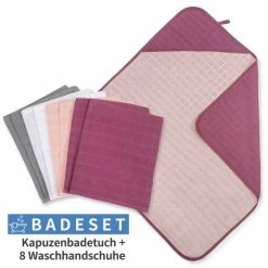 New ❤️ Makian 9-tlg. Badeset Mull Kapuzenbadetuch + 8 Waschhandschuhe - Orchidee / Puder 🔔