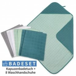Outlet ⌛ Makian 9-tlg. Badeset Mull Kapuzenbadetuch + 8 Waschhandschuhe - Patina / Mint 👏
